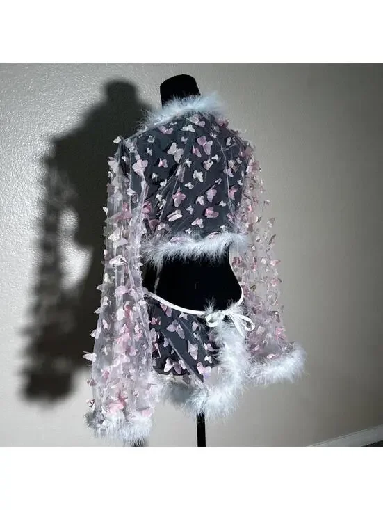 Fairycore Butterfly Mesh Set Coquette Angel Y2K Sheer Fur Trim Rave Festival - Picture 6 of 6